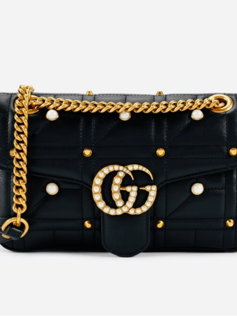 Gucci Black Quilted Shoulder Bag with Gold Chain and Pearl-Embellished GG